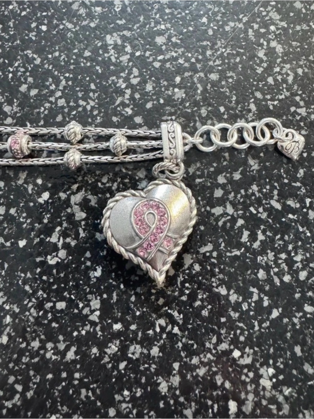 Brighton Silver Heart Pendant Necklace with Pink Ribbon Accent